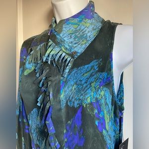 EDUN silk peacock print draped fringed top size medium new with tags abstract